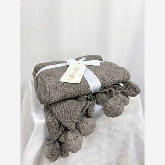 Grey Cotton Throw with Pompoms – 50" x 60" Cozy Season Blanket - Picture 4 of 5